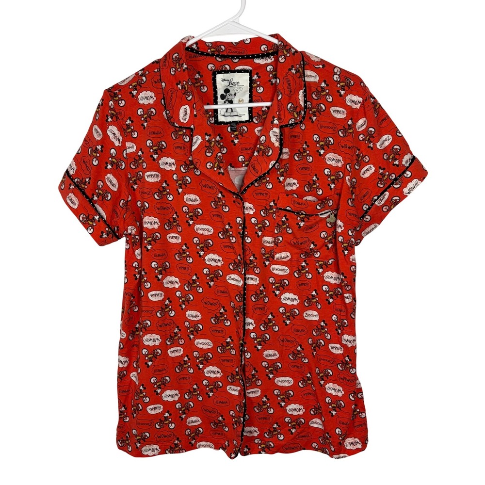 Disney Luxe Mickey Mouse Pajama Top Red Comic Print Button Down Shirt Womens M